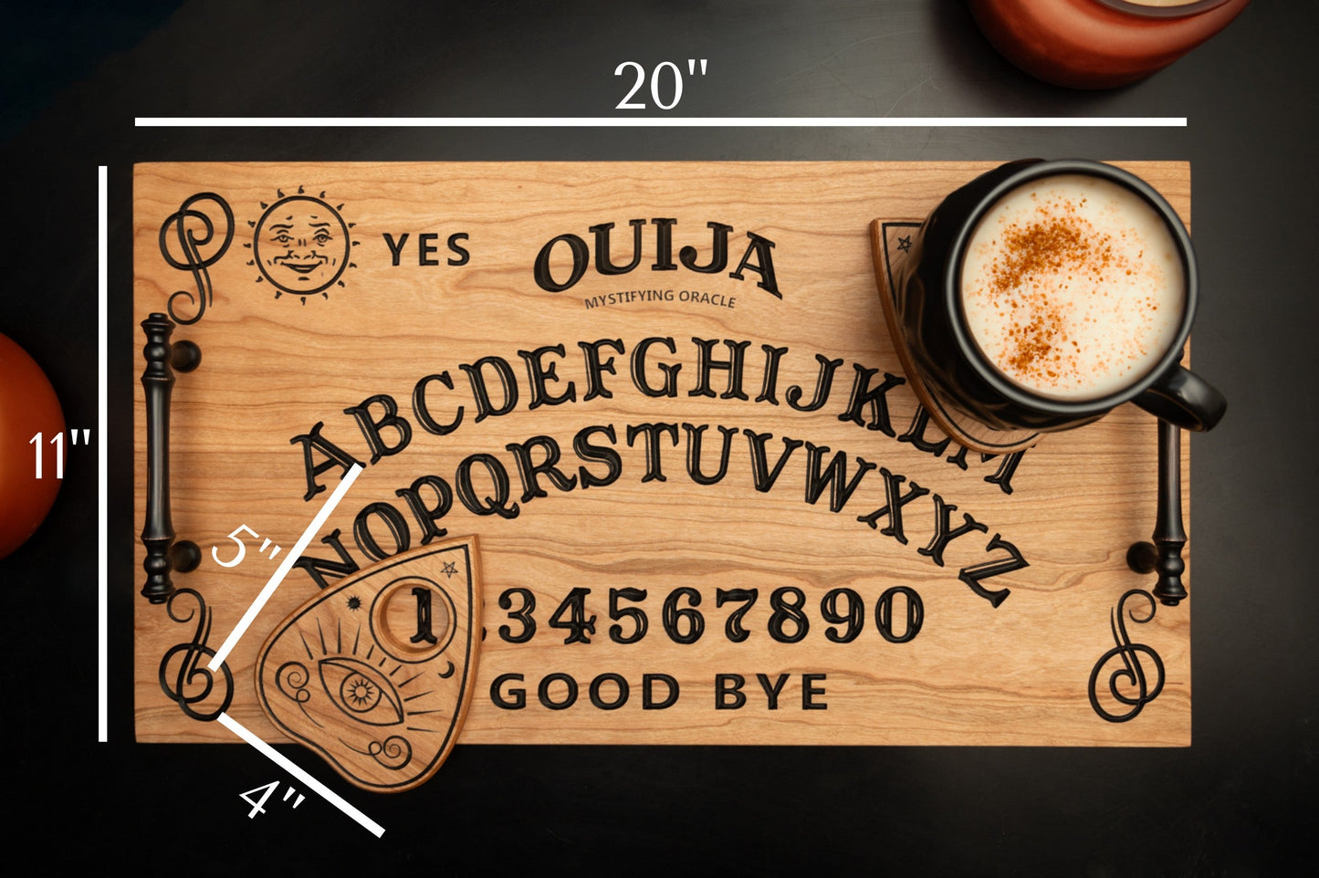 Ouija Board Serving Tray with 4 Planchette Coasters - Cherry
