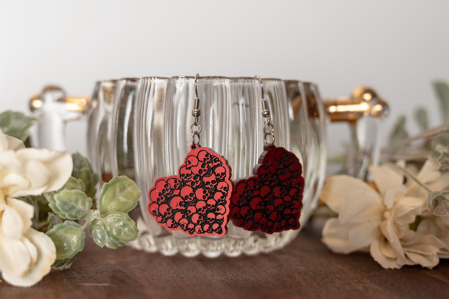 Valentine's Day Skull Heart Earrings - Red Heart Dangle Earrings - Creepy Cute Earrings