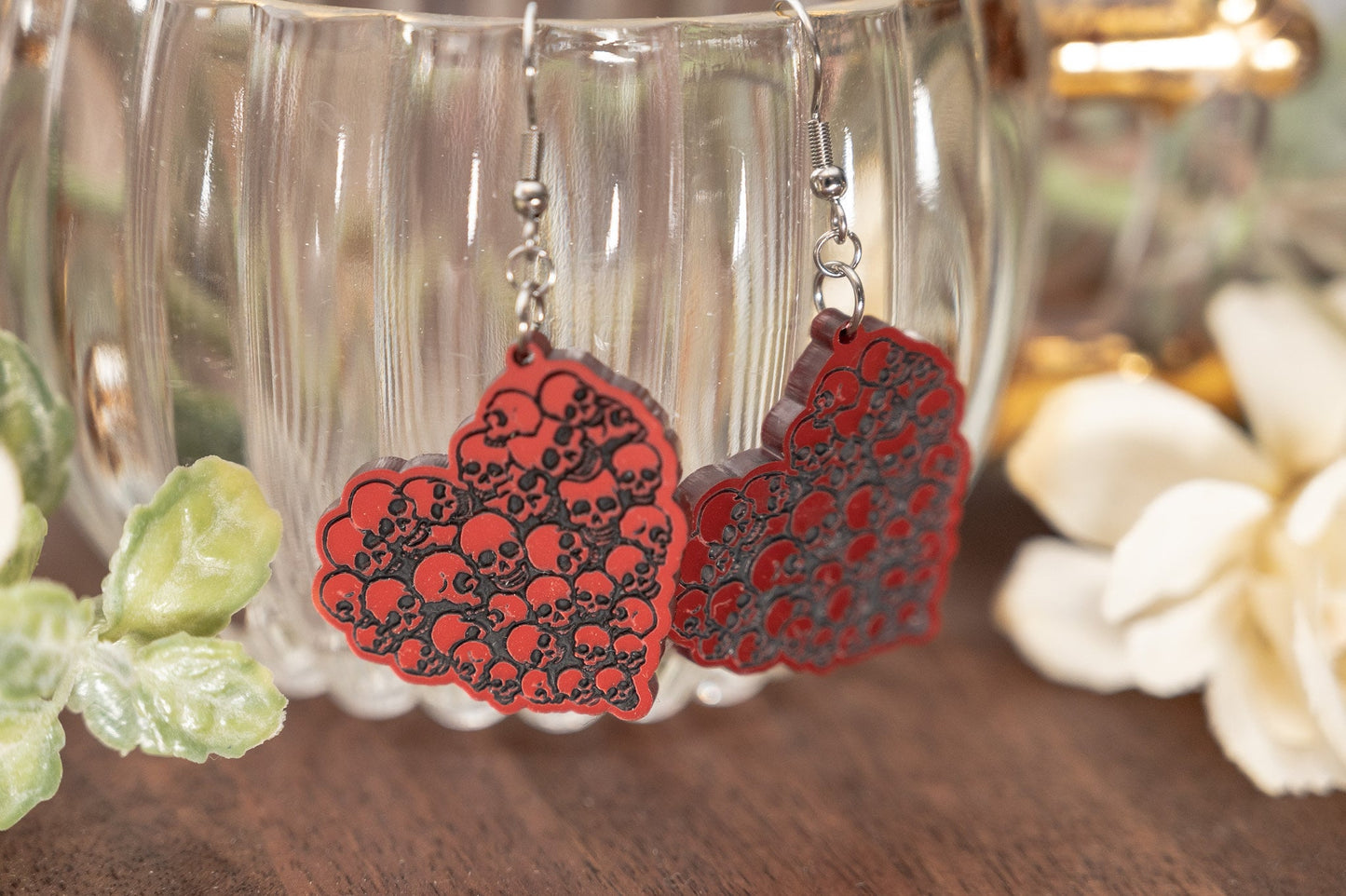 Valentine's Day Skull Heart Earrings - Red Heart Dangle Earrings - Creepy Cute Earrings