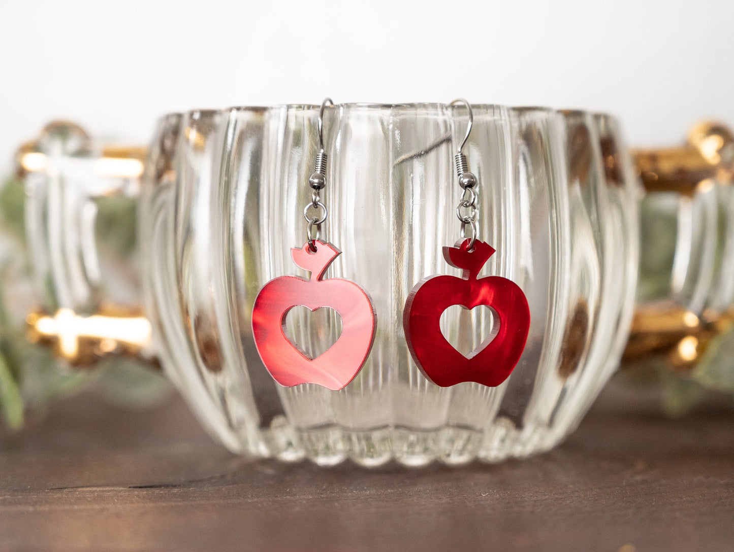 Valentine's Day Earrings - Red Apple with Heart Earrings - Sweetheart Dangle Earrings - Teacher Earrings for Valentine's Day