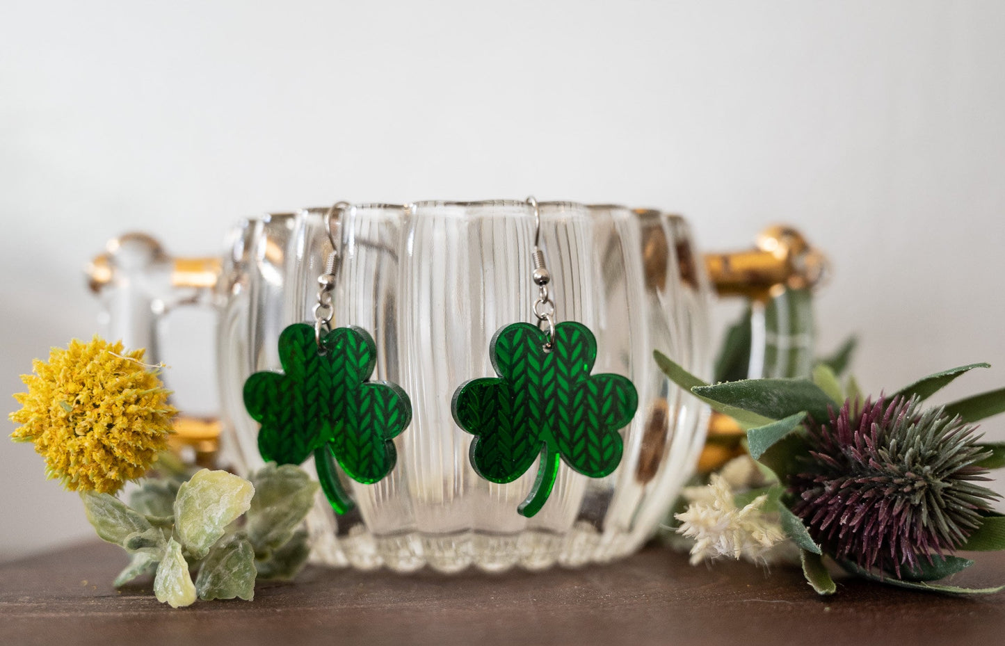 Clover Earrings - Knitted Pattern Shamrock Earrings - St. Patrick's Day Earrings