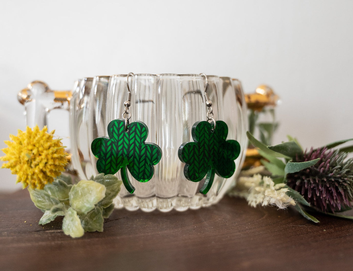 Clover Earrings - Knitted Pattern Shamrock Earrings - St. Patrick's Day Earrings