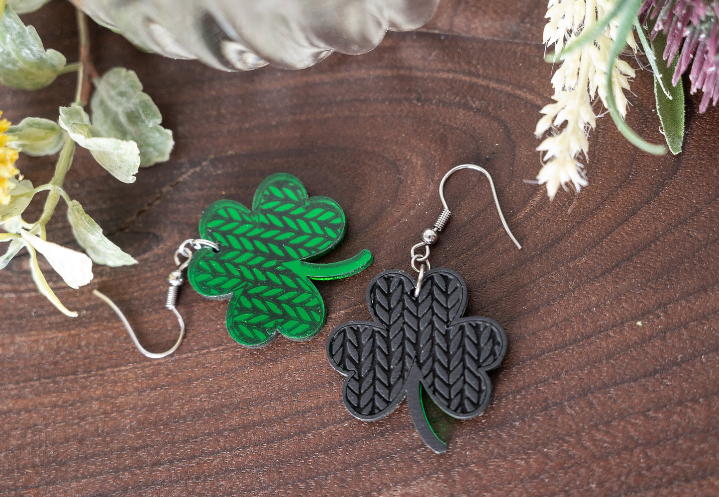Clover Earrings - Knitted Pattern Shamrock Earrings - St. Patrick's Day Earrings