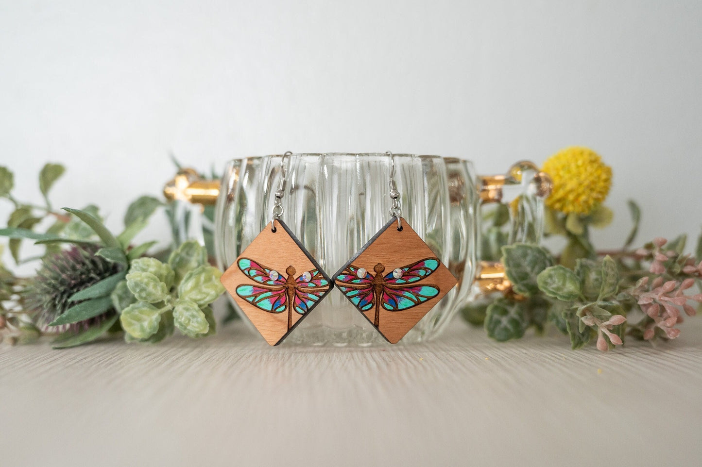 Dragonfly half Earrings/ Wood earrings/ Rainbow Iridescent Acrylic