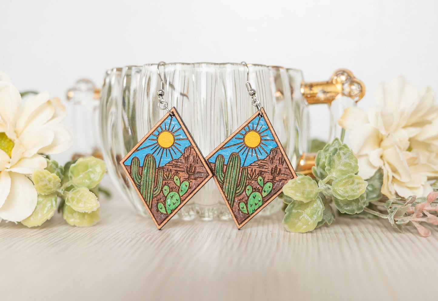 Cactus Desert Scene Earrings - Desert Scene Earrings - Cactus Earrings
