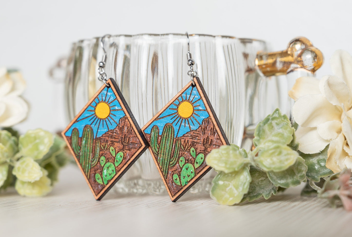 Cactus Desert Scene Earrings - Desert Scene Earrings - Cactus Earrings