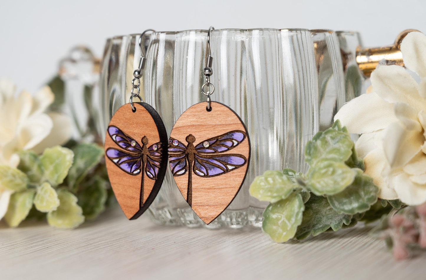 Dragonfly half Earrings/ Wood earrings/ Rainbow Iridescent Acrylic