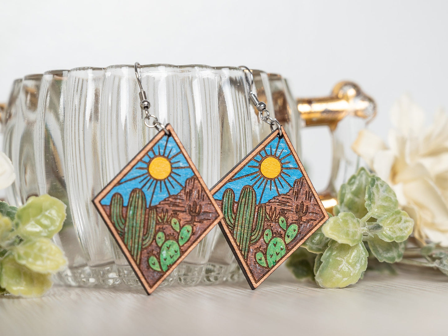 Cactus Desert Scene Earrings - Desert Scene Earrings - Cactus Earrings