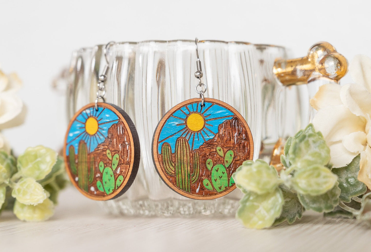 Cactus Desert Scene Earrings - Desert Scene Earrings - Cactus Earrings