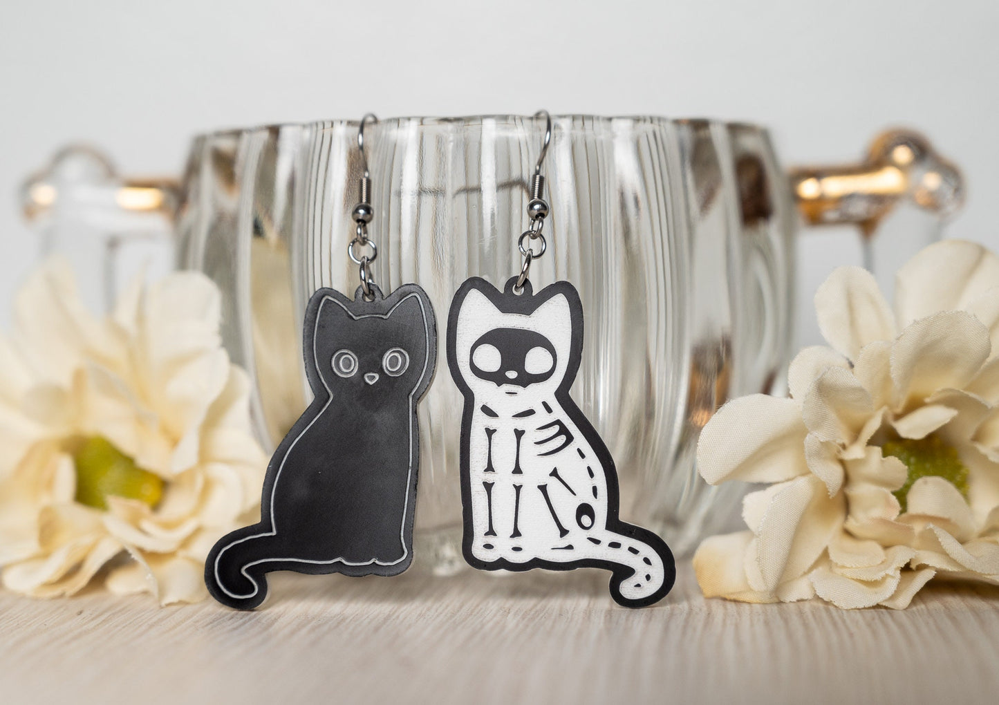 Halloween Earrings Cat Skeleton - Black Cat Skeleton Earrings - Spooky Cat Earrings