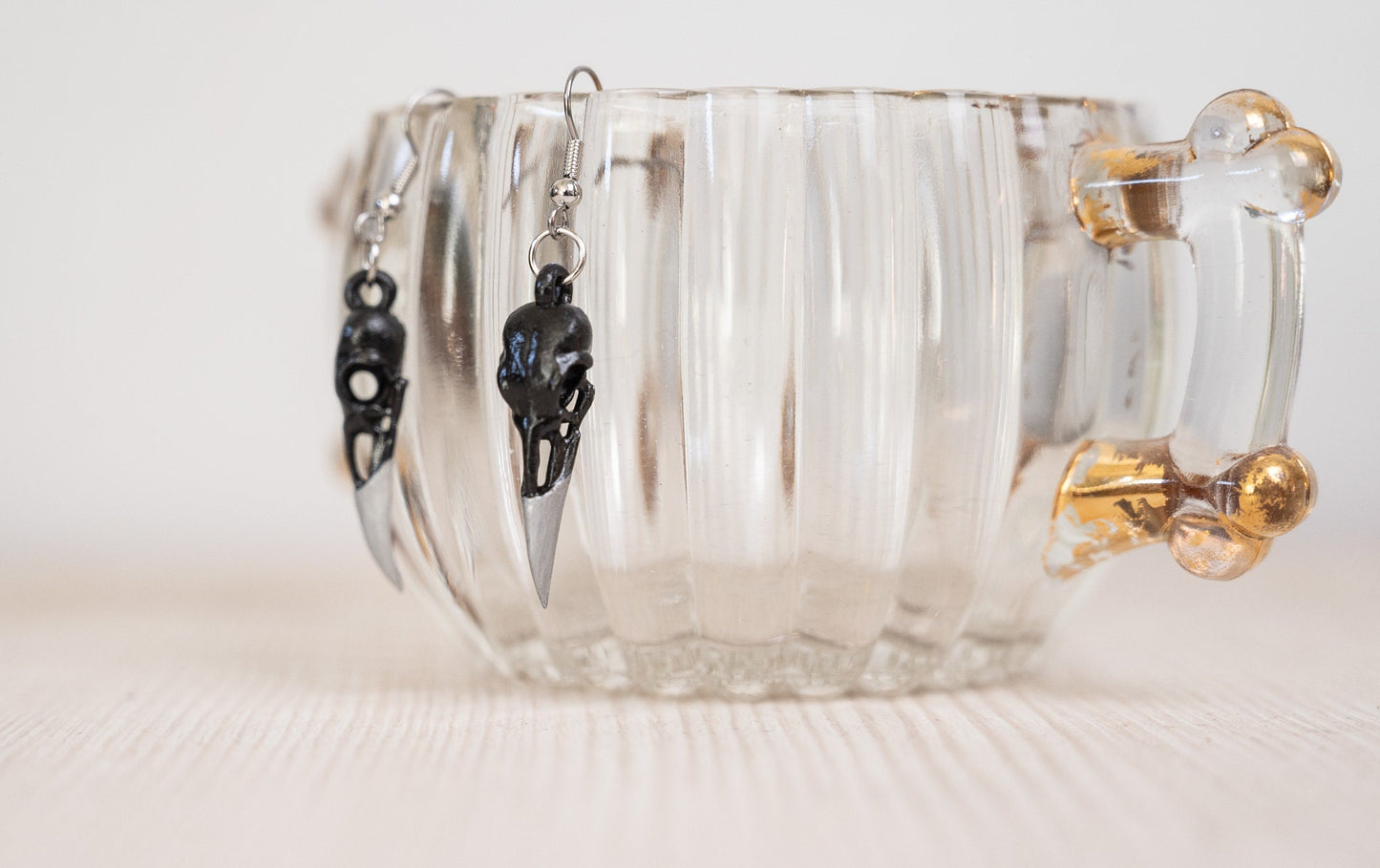 Raven Skull Earrings - Black and Gold Gothic Earrings - Skull Dangle Earrings