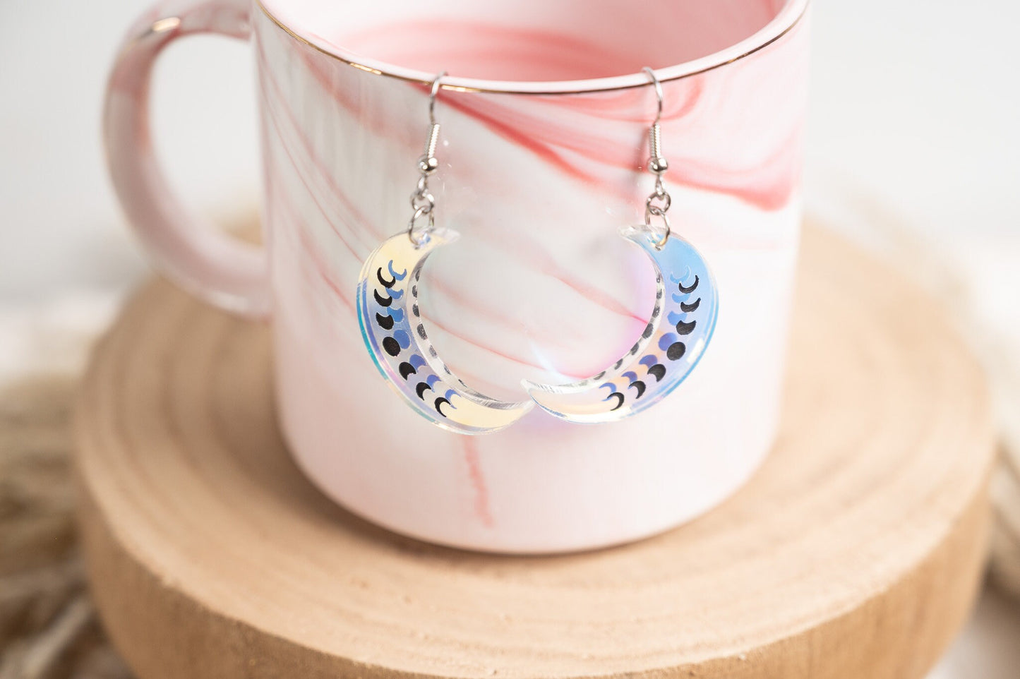 Moon Phase Earrings - Iridescent Moon Earrings - Moon Dangle Earrings - Acrylic Moon Earrings