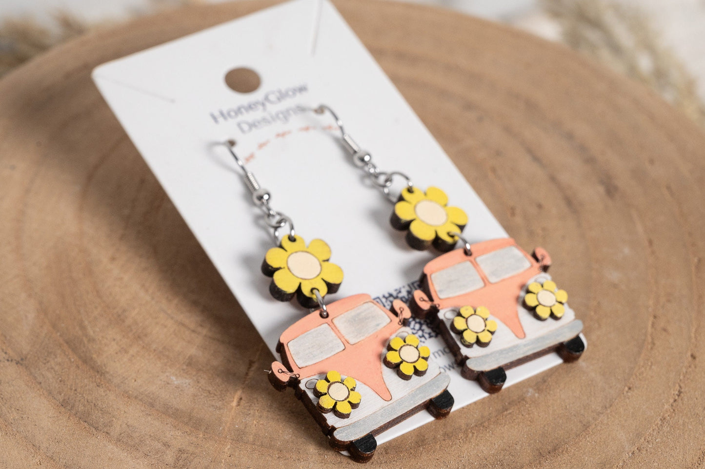 Retro Flower Bus Earrings-Floral Hippie Bus Earrings