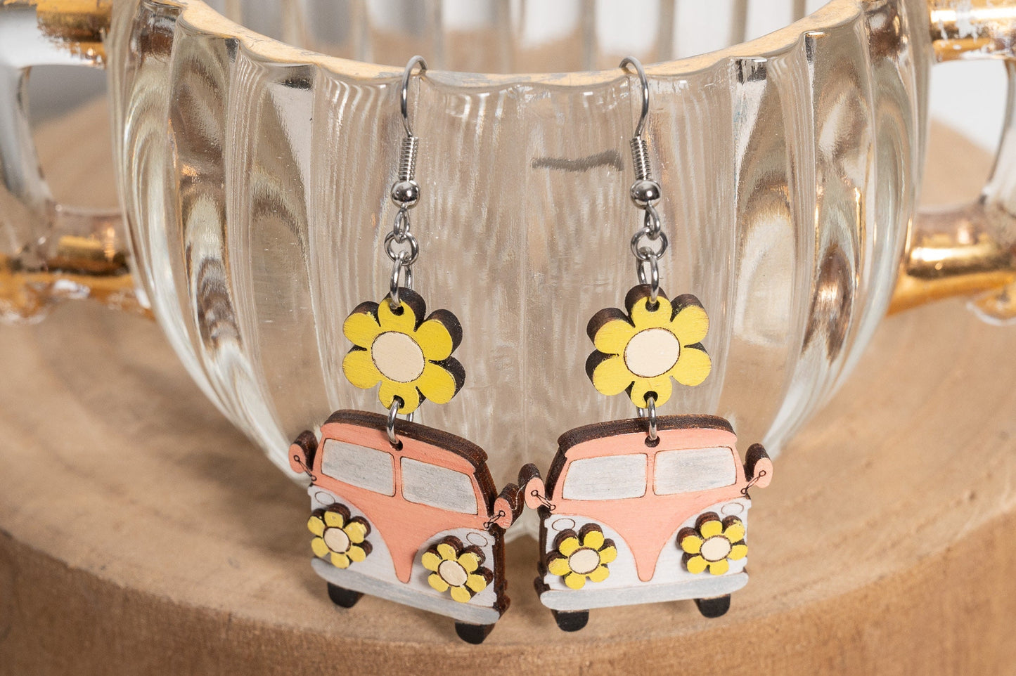 Retro Flower Bus Earrings-Floral Hippie Bus Earrings