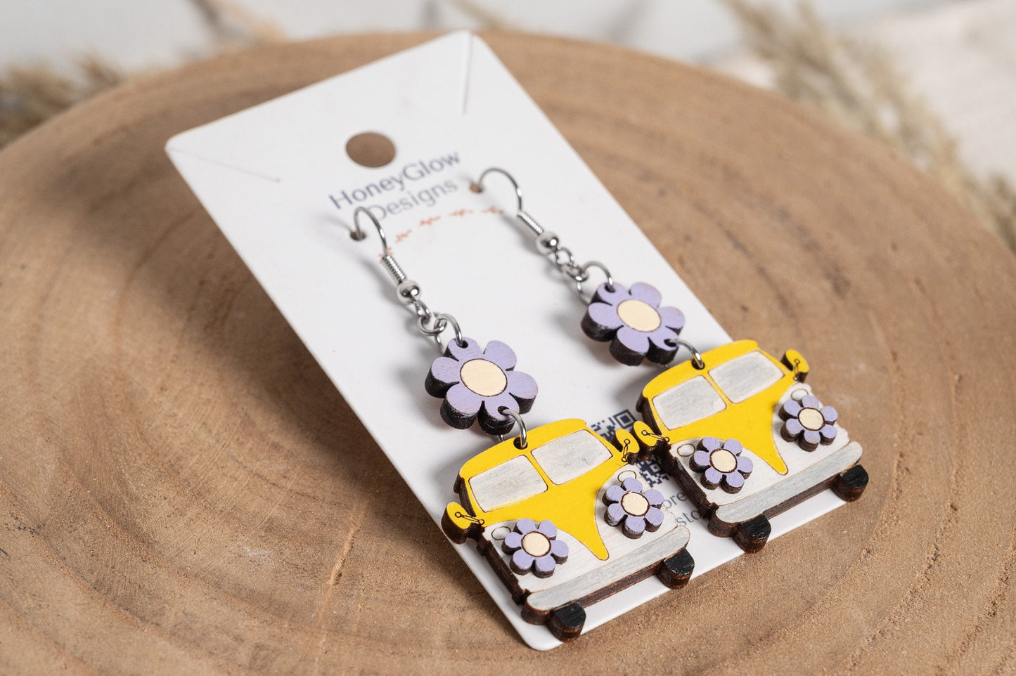 Retro Flower Bus Earrings-Floral Hippie Bus Earrings