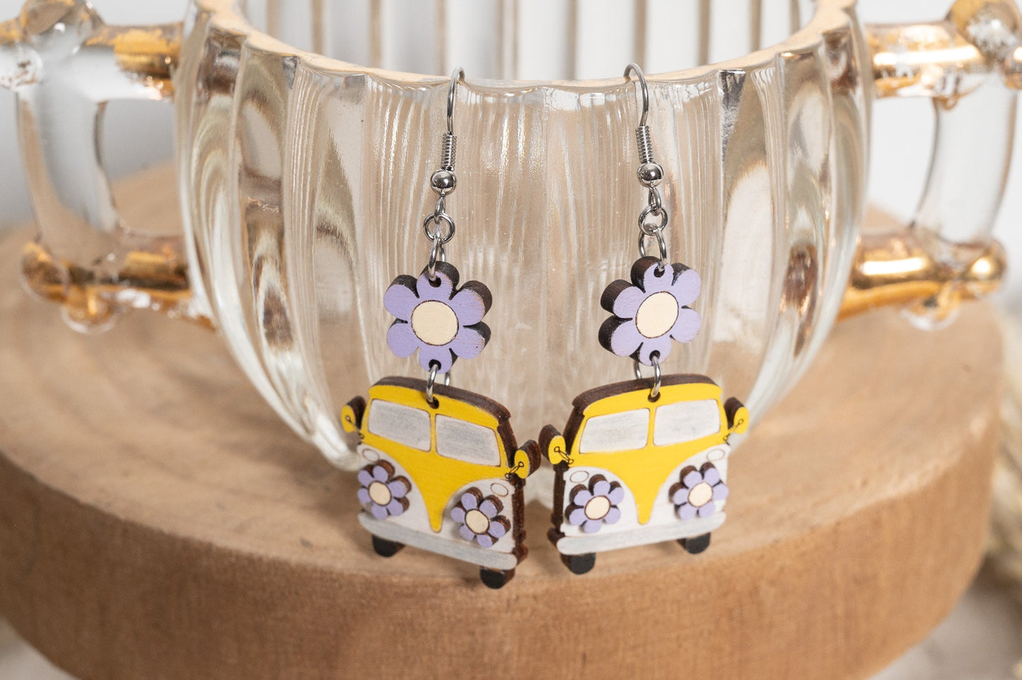 Retro Flower Bus Earrings-Floral Hippie Bus Earrings