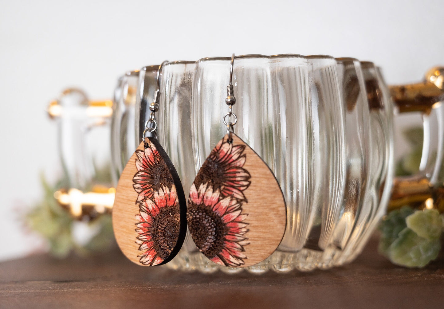 Sunflower Teardrop Earrings - Sunflower Dangle Earrings - Boho Style Sunflower