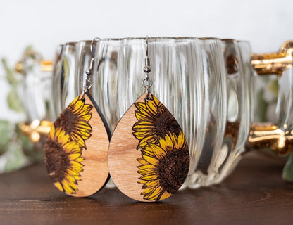 Sunflower Teardrop Earrings - Sunflower Dangle Earrings - Boho Style Sunflower