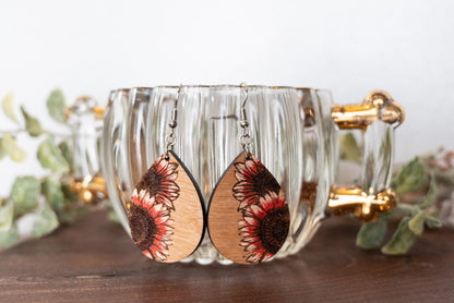 Sunflower Teardrop Earrings - Sunflower Dangle Earrings - Boho Style Sunflower