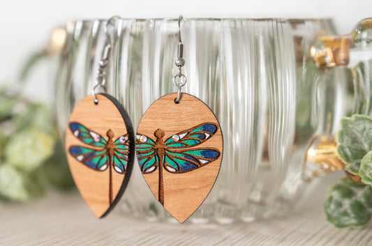 Dragonfly half Earrings/ Wood earrings/ Rainbow Iridescent Acrylic
