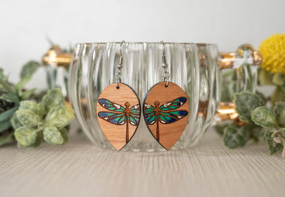 Dragonfly half Earrings/ Wood earrings/ Rainbow Iridescent Acrylic