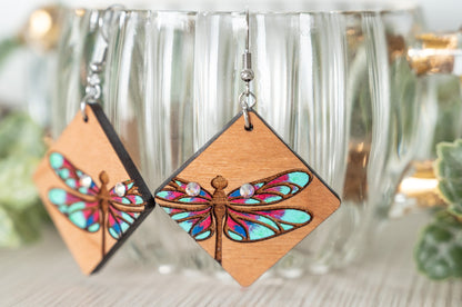 Dragonfly half Earrings/ Wood earrings/ Rainbow Iridescent Acrylic
