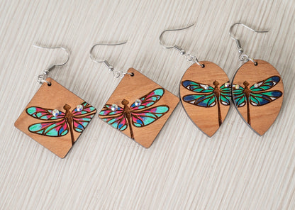 Dragonfly half Earrings/ Wood earrings/ Rainbow Iridescent Acrylic