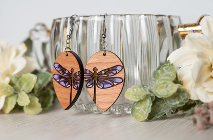 Dragonfly half Earrings/ Wood earrings/ Rainbow Iridescent Acrylic