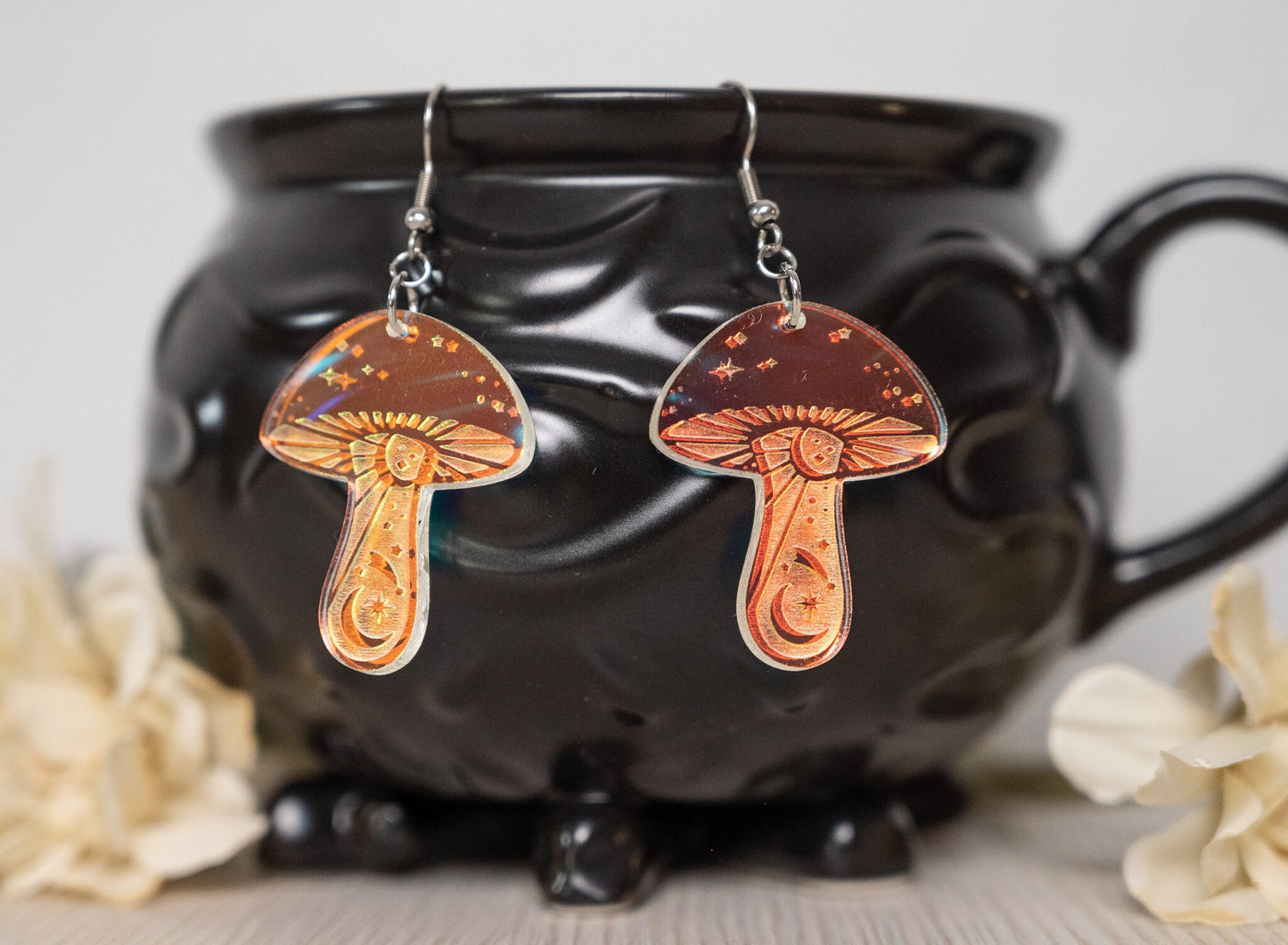 Mystical Mushroom Earrings/Rainbow iridescent Earrings