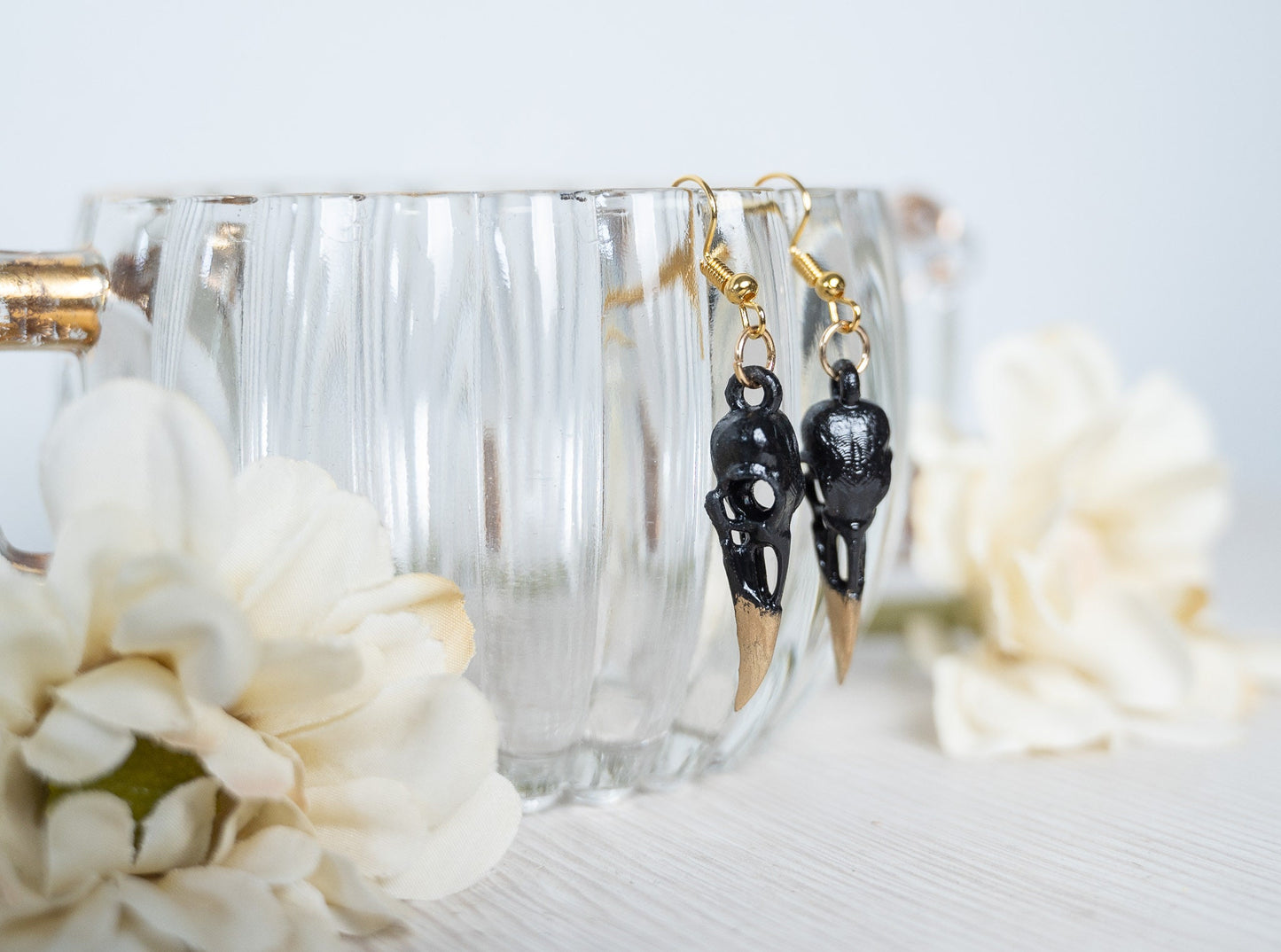 Raven Skull Earrings - Black and Gold Gothic Earrings - Skull Dangle Earrings