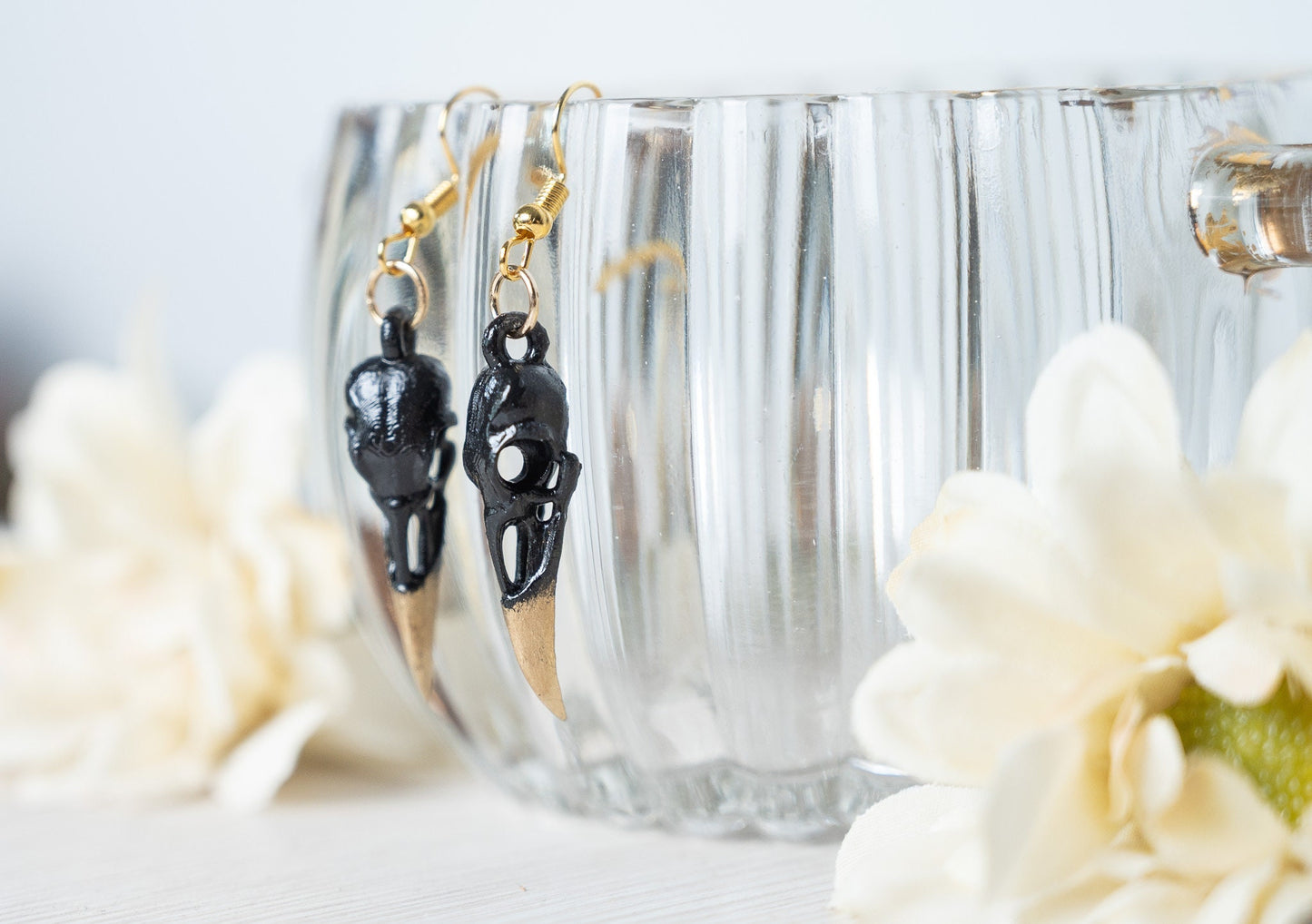 Raven Skull Earrings - Black and Gold Gothic Earrings - Skull Dangle Earrings