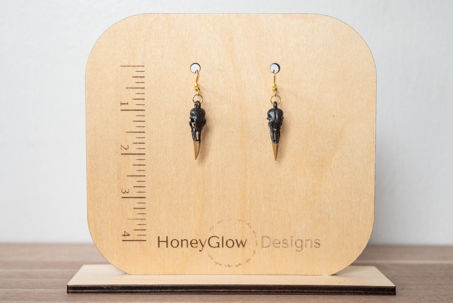 Raven Skull Earrings - Black and Gold Gothic Earrings - Skull Dangle Earrings