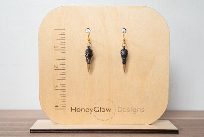 Raven Skull Earrings - Black and Gold Gothic Earrings - Skull Dangle Earrings