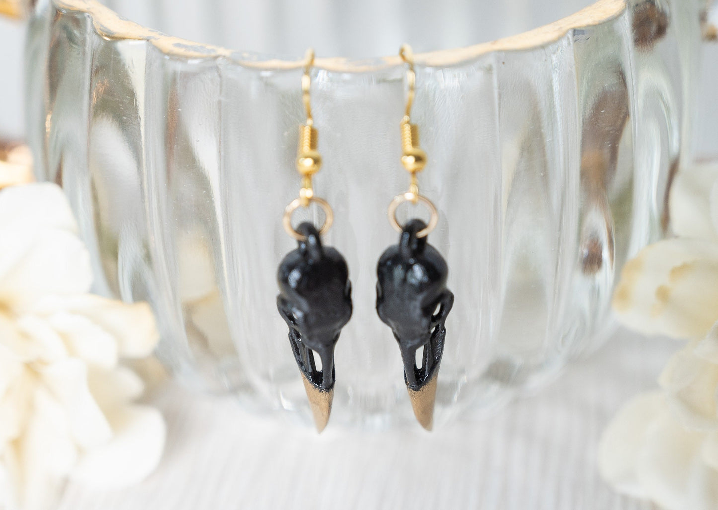 Raven Skull Earrings - Black and Gold Gothic Earrings - Skull Dangle Earrings