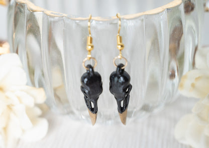 Raven Skull Earrings - Black and Gold Gothic Earrings - Skull Dangle Earrings