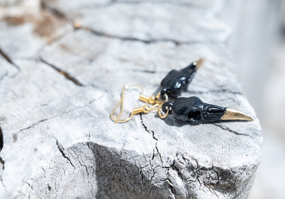 Raven Skull Earrings - Black and Gold Gothic Earrings - Skull Dangle Earrings