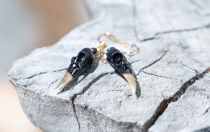 Raven Skull Earrings - Black and Gold Gothic Earrings - Skull Dangle Earrings