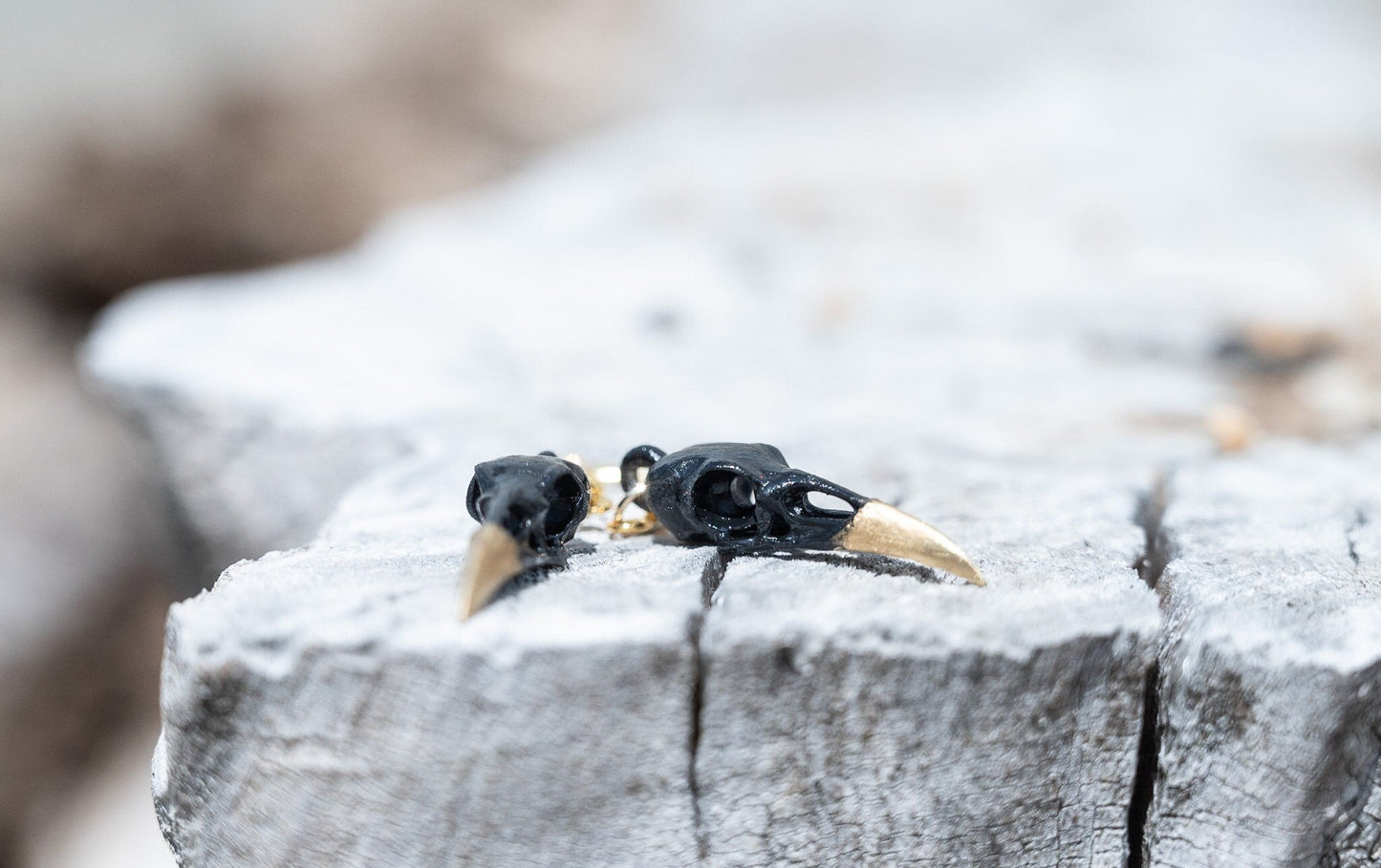Raven Skull Earrings - Black and Gold Gothic Earrings - Skull Dangle Earrings