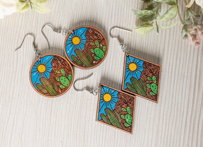 Cactus Desert Scene Earrings - Desert Scene Earrings - Cactus Earrings