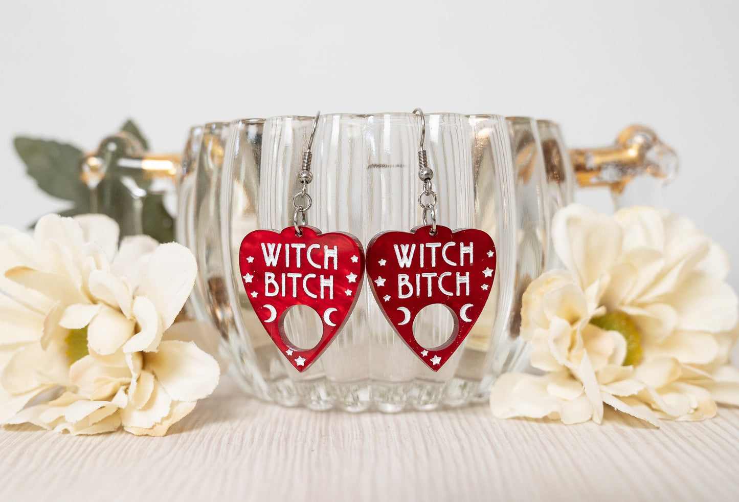 Halloween Earrings - Witch Bitch Ouija Planchette Earrings - Witch Earrings - Halloween Earrings