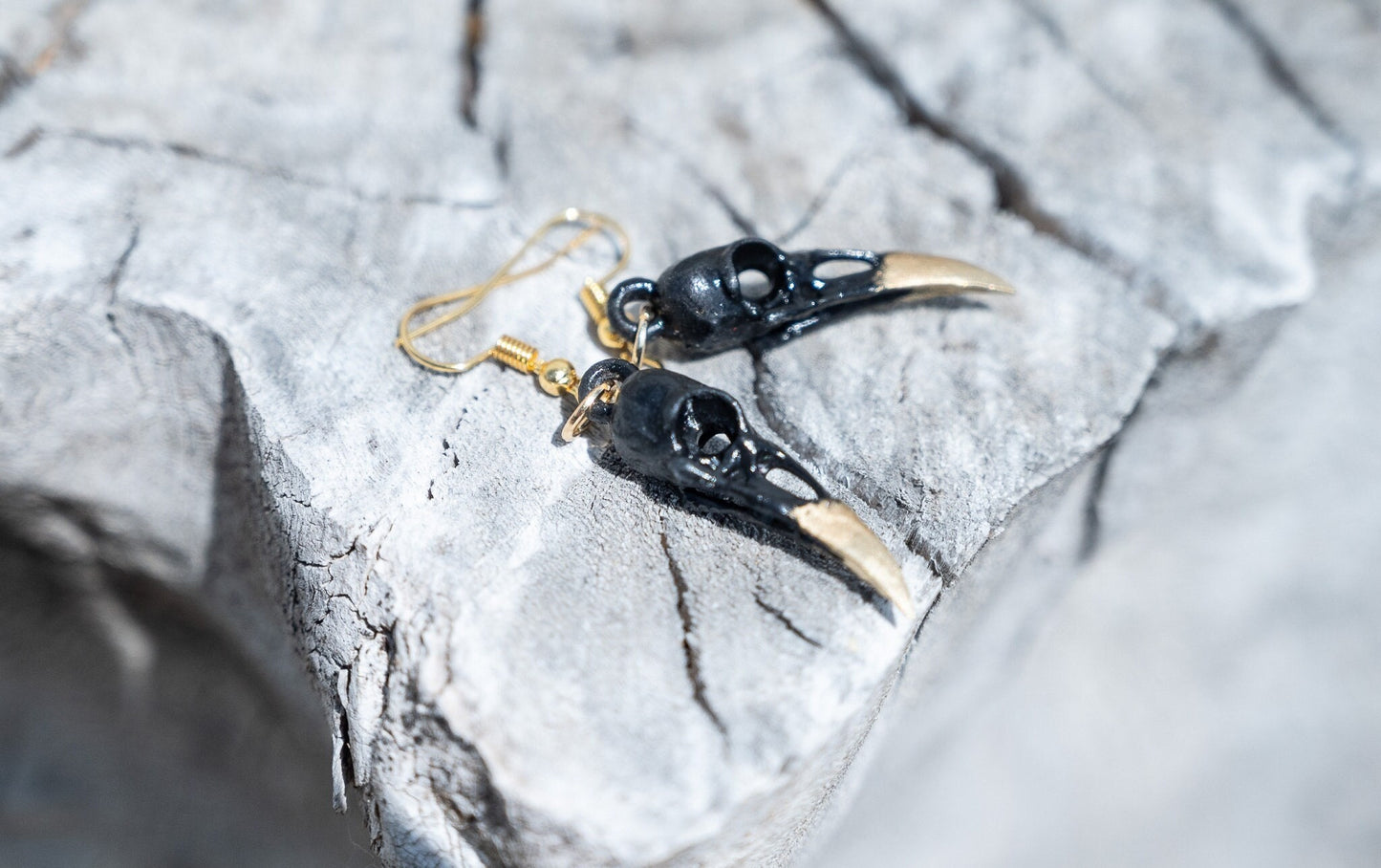 Raven Skull Earrings - Black and Gold Gothic Earrings - Skull Dangle Earrings