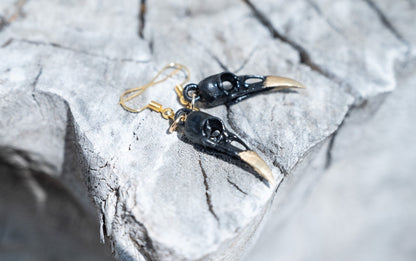 Raven Skull Earrings - Black and Gold Gothic Earrings - Skull Dangle Earrings