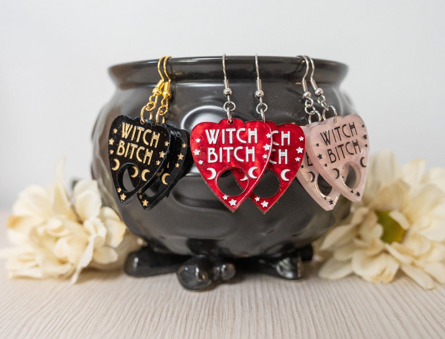 Halloween Earrings - Witch Bitch Ouija Planchette Earrings - Witch Earrings - Halloween Earrings