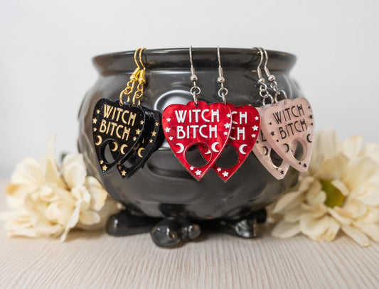 Halloween Earrings - Witch Bitch Ouija Planchette Earrings - Witch Earrings - Halloween Earrings