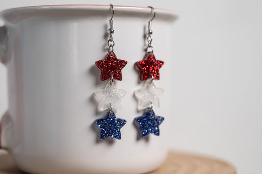 Red White and Blue Glitter Stars Earrings
