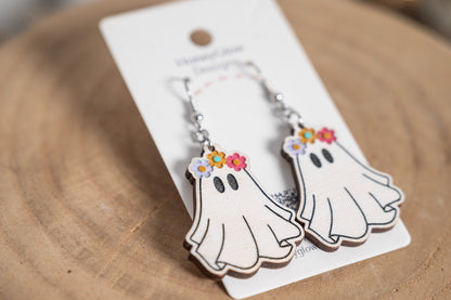 Groovy Ghost Earrings - Ghost with Flower Crown - Groovy Halloween Earrings