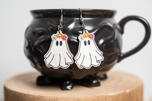 Groovy Ghost Earrings - Ghost with Flower Crown - Groovy Halloween Earrings