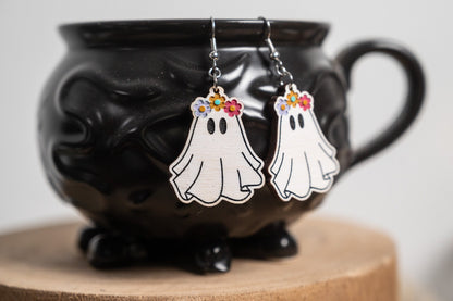 Groovy Ghost Earrings - Ghost with Flower Crown - Groovy Halloween Earrings