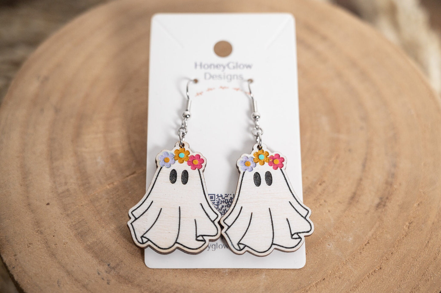 Groovy Ghost Earrings - Ghost with Flower Crown - Groovy Halloween Earrings
