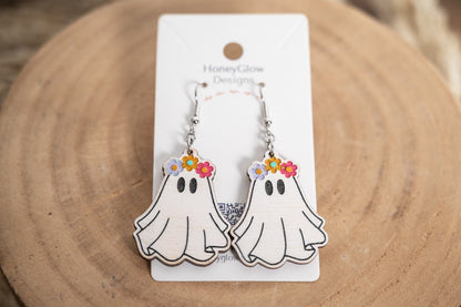 Groovy Ghost Earrings - Ghost with Flower Crown - Groovy Halloween Earrings